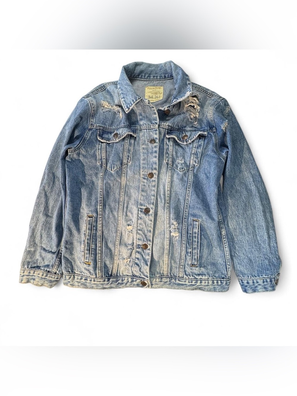 Pull & Bear Men Small Acid Wash Distressed Denim Trucker Jacket 90s Y2K Vintage